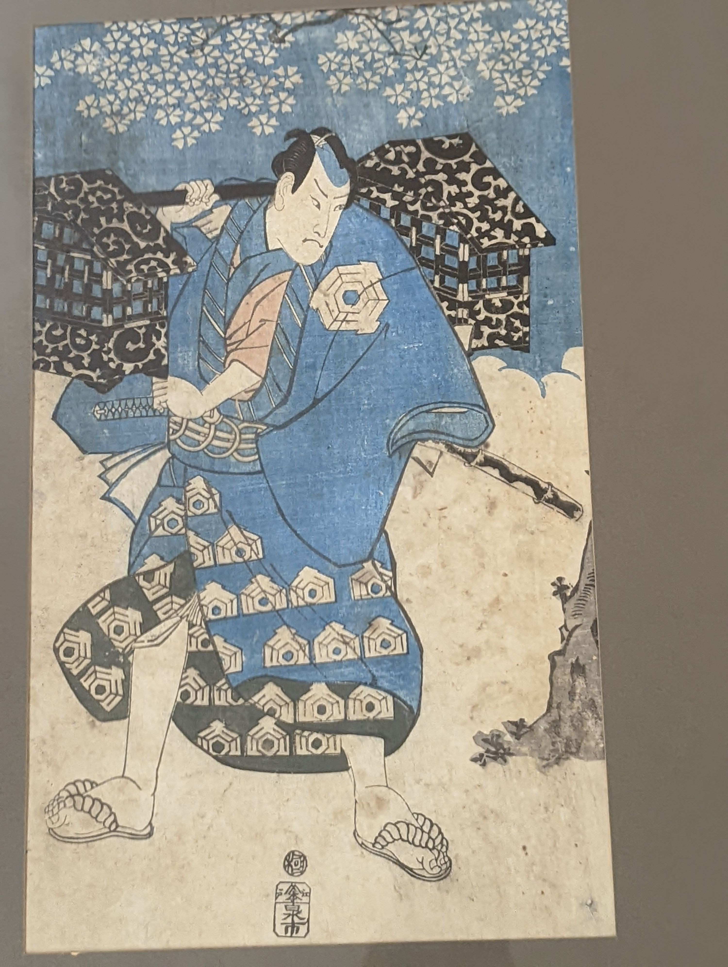 Kunyoshi (1847-48), woodblock print, Standing figure, 35 x 24cm, with five other assorted woodblock prints of Kabuki actors